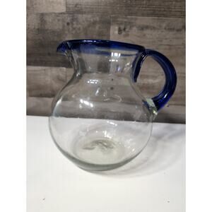VINTAGE ~ HAND-BLOWN GLASS WATWR PITCHER COBALT RIM & HANDLE